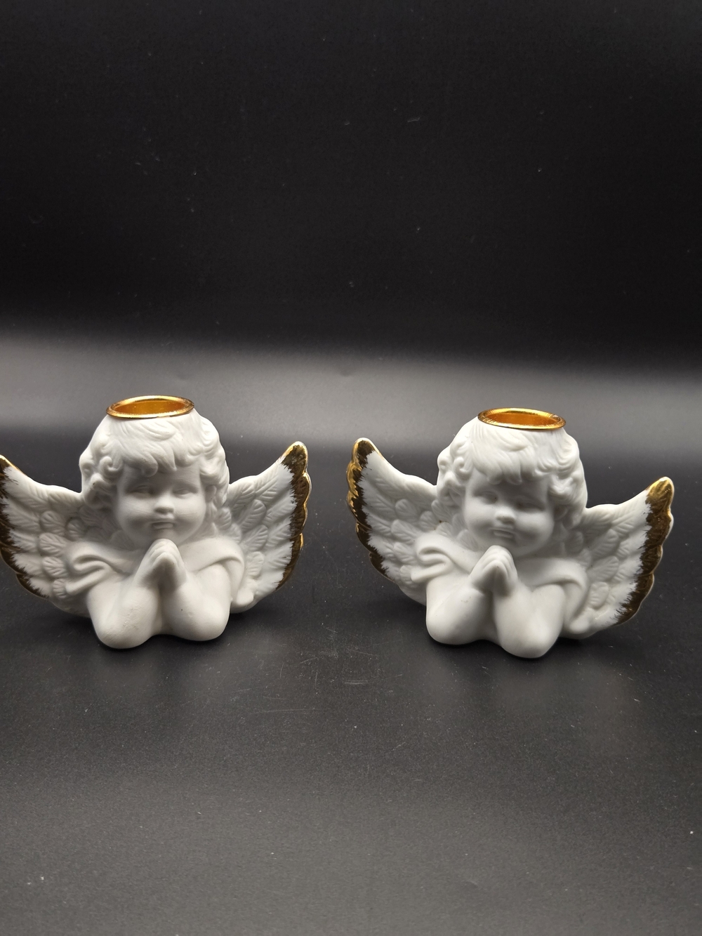 White Angel Candle Holders with Gold Accents - Pair